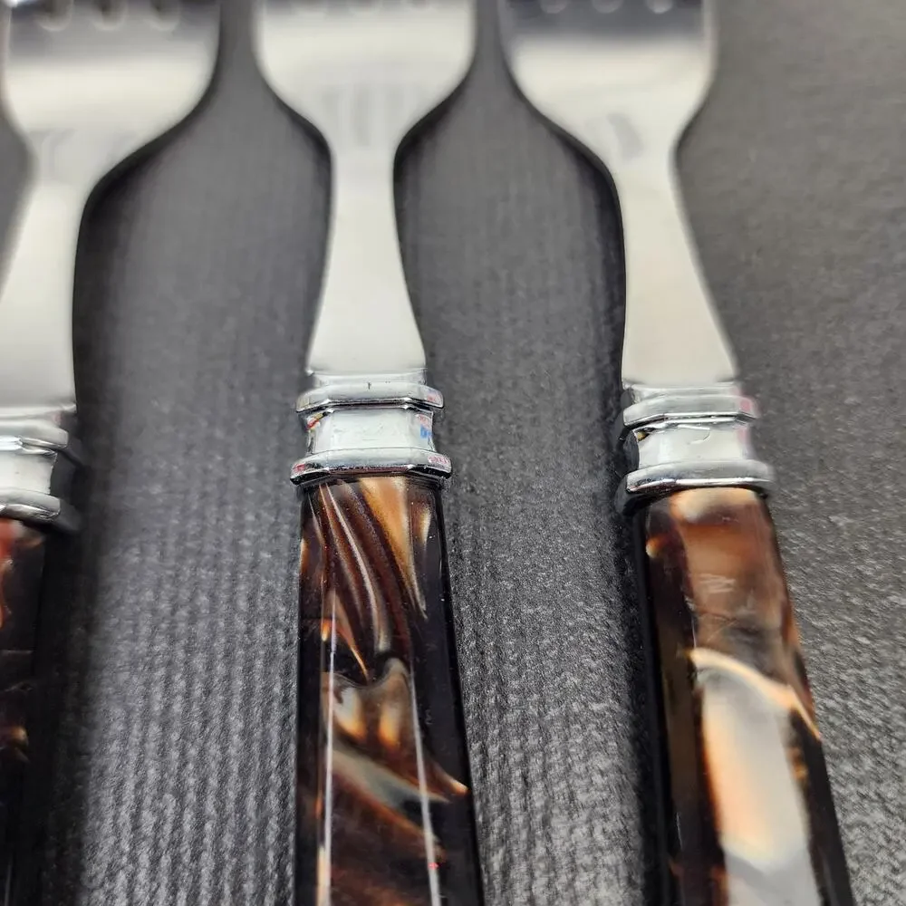 4 MIKASA Tortoise Handle Flatware Brown Acrylic Handle Desert Salad Forks 7